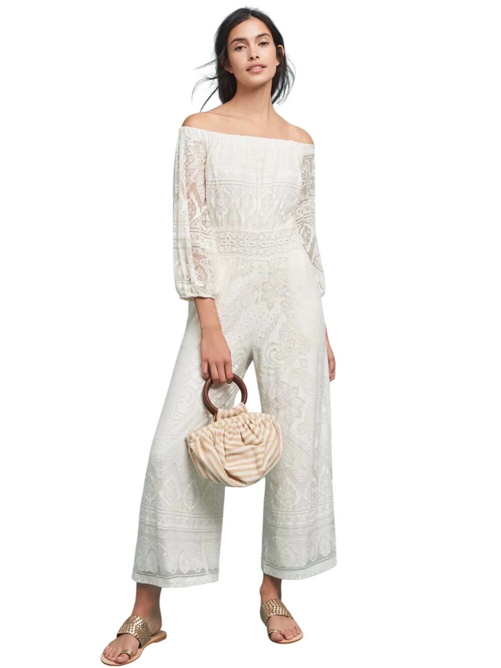 Farm Rio x Anthropologie Elliot Lace Off-The-Shoulder Ivory Jumpsuit Sz M